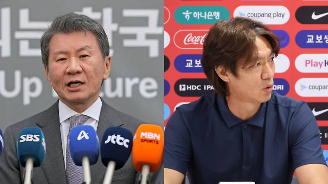 정몽규(왼쪽) 대한축구협회장, 홍명보 전 한국 축구 국가대표팀 감독. 연합뉴스