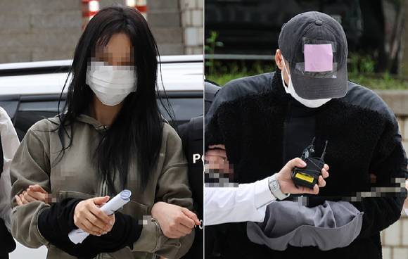 축구 국가대표팀 주장 손흥민의 아이를 임신했다고 주장하며 손씨에게 돈을 뜯어내려 한 20대 여성 양모 씨(왼쪽)와 40대 남성 용모 씨가 지난해 5월 17일 영장실질심사를 받기 위해 서울중앙지법에 들어서고 있다.  [사진=연합뉴스]