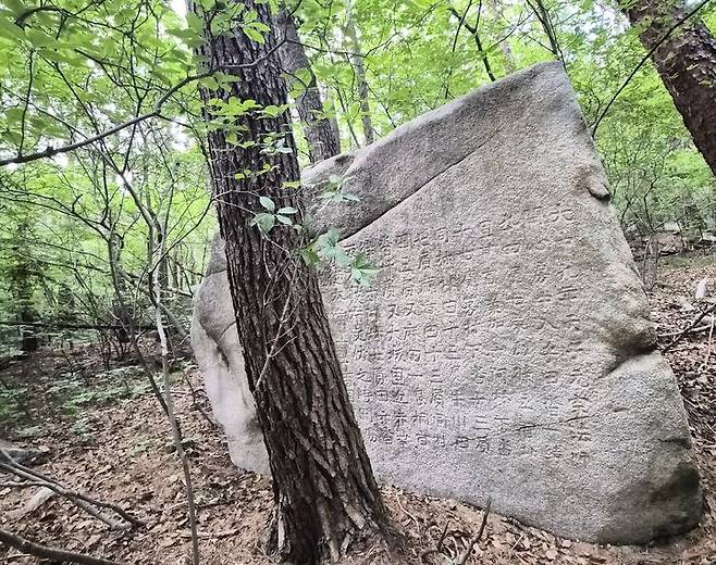 [창녕=뉴시스] 자연유산 명승 관룡산 관룡사 일원의 종합정비계획 수립을 위한 지표조사 과정에서 발견한 비석. (사진= 창녕군 제공) 2026.07.02. photo@newsis.com *재판매 및 DB 금지