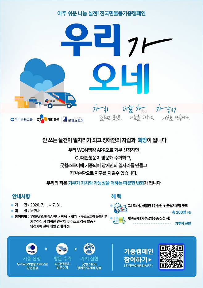 전 국민 물품 기부 캠페인 ‘우리가 오네’ 포스터. 사진제공｜우리금융