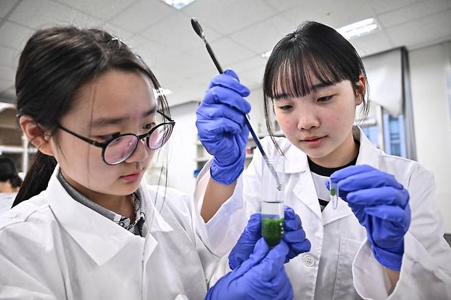 4월 15일 대구경북과학기술원 과학창의학교에서 최예지(왼쪽)양이 조원과 함께 과학 실험을 하고 있다. 미세조류에 빛을 쬐어 광합성을 유도하는, 우주에서 식량을 재배하는 방식을 직접 실습해보고 있다. 대구=정다빈 기자