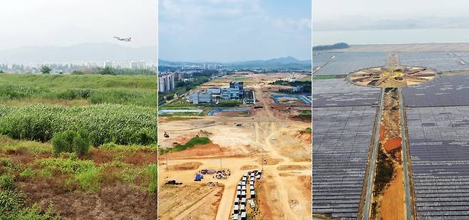 호남권 ‘반도체 공장’ 후보지로 거론되는 광주 군 공항 일원(왼쪽부터)·광주 첨단 3지구·전남 해남군 산이면 솔라시도 부지 모습. [연합뉴스]