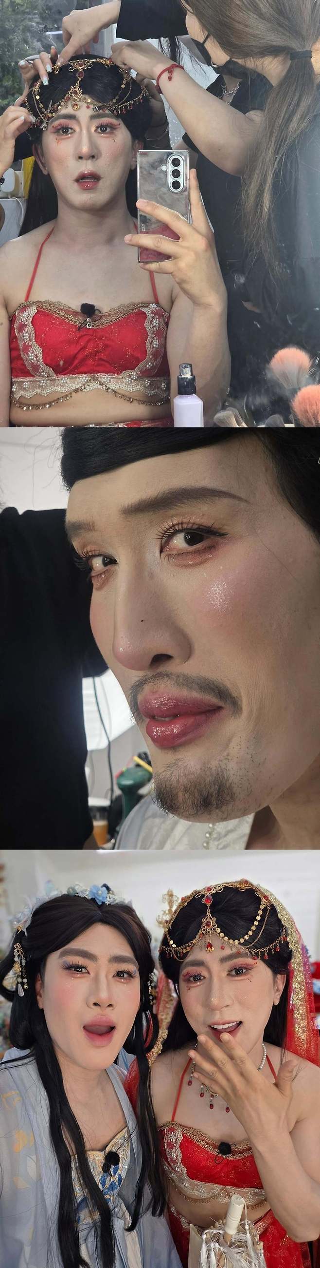 Comedian Kim Won-hoon is making headlines after releasing a video in which he and his colleagues Choi Hong-man and Jo Jin-se boldly dressed in womens clothing for a shoot. On his personal social media account, Kim Won-hoon posted a video of himself lip-syncing while wearing Wang Hong makeup, playfully asking his fans to leave mean comments.Fellow celebrities who saw the post—including Kim Hee-chul, Eom Ji-yoon, Song Hae-na, and Shim Eo-deum—left comments expressing shock, which drew laughter. In particular, Shim Eo-deum joked that it had ruined his appetite, and other colleagues responded with witty comments, such as threatening to report the post.Later, Kim Won-hoon further captured attention by releasing additional photos of himself, Choi Hong-man, and Jo Jin-se wearing full makeup. The post, which captures the trios bold transformation—a rare sight—is garnering significant attention among netizens.Currently, Kim Won-hoon, Jo Jin-se, and Choi Hong-man are appearing together on the variety show Gullivers Travels, where they are working well as a team.