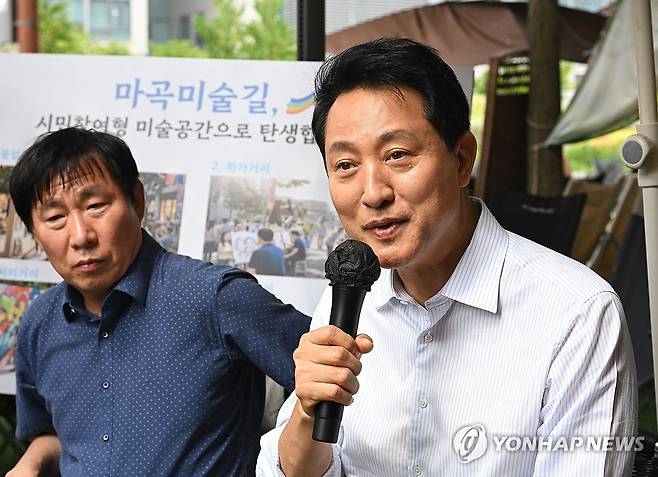 발언하는 오세훈 서울시장 (서울=연합뉴스) 이진욱 기자 = 오세훈 서울시장이 3일 서울 강서구 마곡미술길에서 열린 상인들과의 간담회에서 발언하고 있다. 2026.7.3 [공동취재] cityboy@yna.co.kr