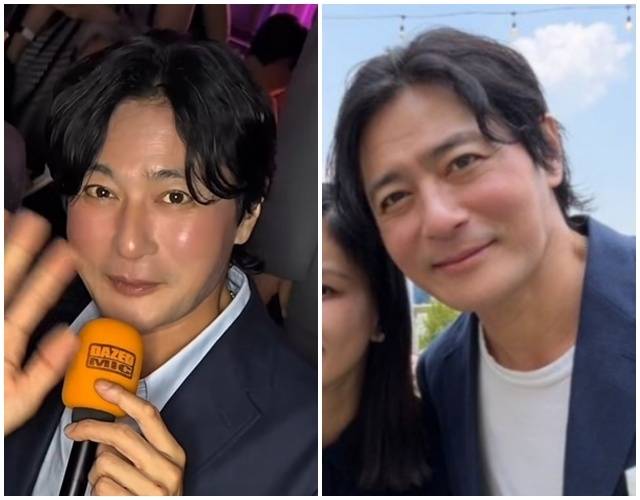 배우 장동건이 최근 공식 행사에서 한층 어려진 비주얼로 화제를 모은 가운데, 화려한 행사 조명 속 모습과 달리 자연스러운 분위기에서 포착된 최근 근황이 또 다른 화제를 모으고 있다. / 사진 = 데이즈드 코리아 SNS, 팝핀현준 SNS