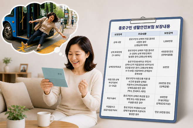 서울 25개 자치구는 별도의 가입절차 없이 구민이 사고가 발생했을 때 보험금을 수령할 수 있는 '안전보험' 제도를 운영하고 있다. 사진은 종로구청 '생활안전보험'으로 부상치료비를 받은 40대 여성의 상황을 AI로 생성한 이미지./사진=챗GPT, 자료=종로구청