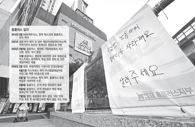 또 피해는 약자에 법원이 회생 절차 폐지 결정을 내리면서 홈플러스가 파산 절차에 들어갈 가능성이 커진 가운데 5일 서울의 한 점포 앞에 일자리 문제를 알리는 마트산업노조의 벽보가 걸려 있다. 연합뉴스