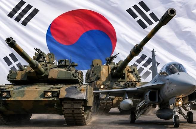 왼쪽부터 K2 흑표 전차, K9 썬더 자주포, FA-50 파이팅이글 경전투기 AI 생성 이미지
