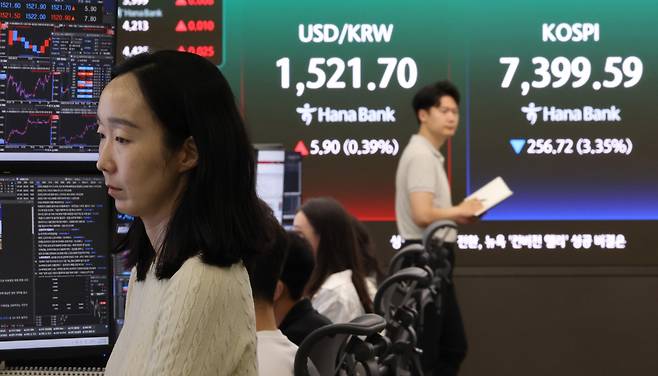 8일 서울 중구 하나은행 본점 딜링룸에서 직원들이 업무를 보고 있다.(사진= 연합뉴스)