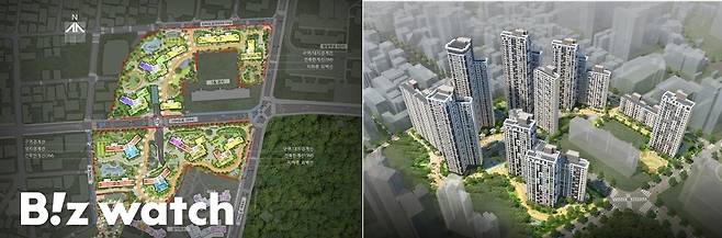 '5동'이 사업구역에서 제척된 삼익맨숀 배치도(왼쪽)와 조감도 /자료=서울시