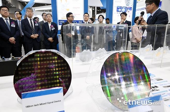 제24회 국제 나노기술융합전시회(나노코리아 2026)가 8일 경기 고양시 킨텍스에서 열렸다. 박인규 과학기술정보통신부 과기혁신본부장 등 내빈들이 한국나노기술원 전시관을 살펴보고 있다.  이동근기자 foto@etnews.com