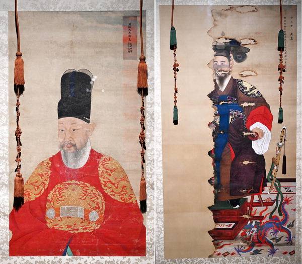 부산박물관에서 다음 달 30일까지 열리는 ‘조선의 기록과 문화, 만세에 전하노니’ 전시에서 볼 수 있는 국립고궁박물관 소장 ‘영조 어진’(왼쪽)과 ‘철종 어진’. 두 어진은 1954년 부산 용두산 대화재의 화마를 피해 살아남은 극소수의 어진 가운데 일부다.