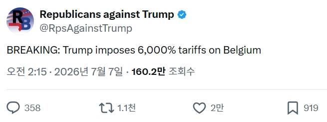 '트럼프에 반대하는 공화당원들' 계정은 "속보. 트럼프 대통령이 벨기에산 수출품에 6000% 관세를 부과할 예정"이라는 글을 올리며 이번 논란을 비꼬았다. /사진=X(엑스, 구  트위터) 캡처