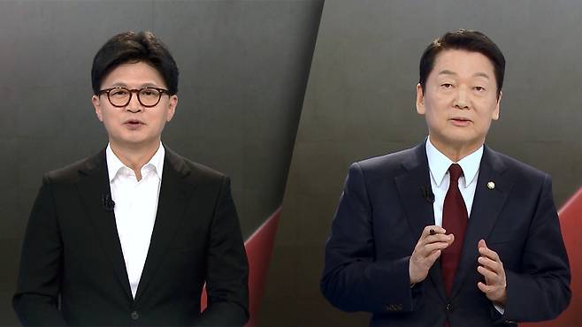 한동훈 의원은 지난해 4월 26일 MBN이 주관한 2차 경선 4자 합동 토론회에서, 안 후보를 겨냥해 "12월 3일 계엄 당일 밤에, 한 분이라도 더 본회의장에 와 달라고 요청했는데, 왜 당사로 오라는 추경호 원내대표 말을 따르고 제 말을 따르지 않았느냐"고 안 의원을 압박했다. / MBN 캡쳐