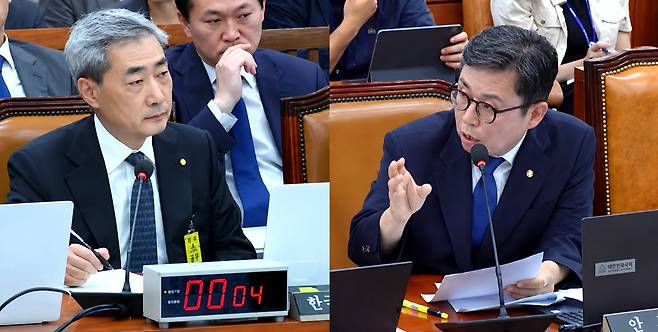 신현송 한국은행 총재가 9일 오전 재정경제기획위원회 업무보고에서 안도걸 더불어민주당 의원(오른쪽)의 질의를 경청하고 있다. (사진=국회 인터넷 의사중계시스템)