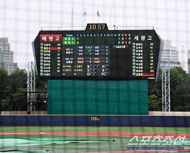 9일 서울 목동구장에서 열린 제81회 청룡기고교야구선수권대회 겸 주말리그 왕중왕전 세광고와 배명고의 4강전이 우천으로 중단됐다. 중단된 경기는 내일(10일) 서스펜디드 경기로 펼쳐진다. 방수포가 깔린 그라운드의 모습. 목동=허상욱 기자wook@sportschosun.com/2026.07.09/