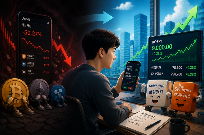 '100배 코인'의 꿈이 식자 개인투자자 자금이 가상자산 시장을 떠나 국내 증시로 이동했다. 해당 이미지는 AI로 제작됨.