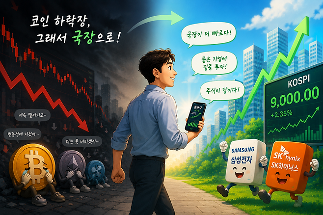 '100배 코인'의 꿈이 식자 개인투자자 자금이 가상자산 시장을 떠나 국내 증시로 이동했다. 해당 이미지는 AI로 제작됨.
