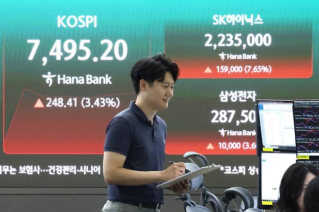 9일 오전 서울 중구 하나은행 본점 딜링룸 전광판에 SK하이닉스, 삼성전자 지수가 표시되고 있다. 하이닉스와 삼성전자의 상승에 힘입어 이날 코스피 지수는 전 거래일 대비 3.31% 오른 7486.64로 상승 출발했다. [뉴스1]