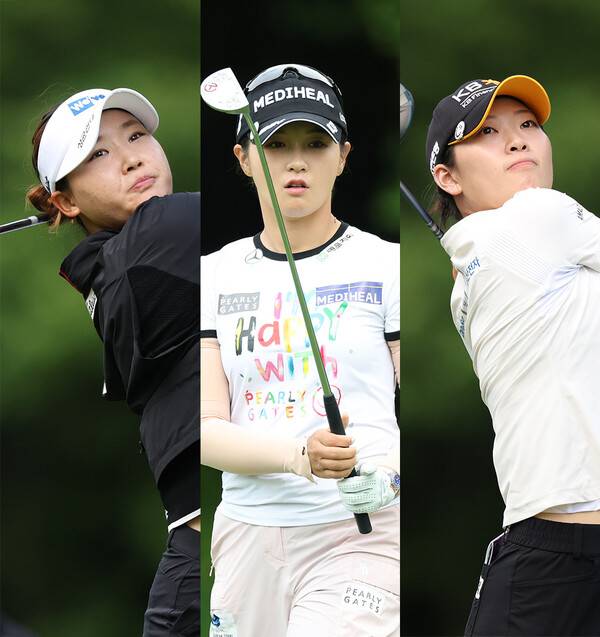 2026년 한국여자프로골프(KLPGA) 투어 하이원리조트 여자오픈에 출전한 김민솔, 박현경, 방신실 프로가 1라운드에서 경기하는 모습이다. 사진제공=KLPGA&nbsp;(사진을 무단으로 사용하지 마십시오.)