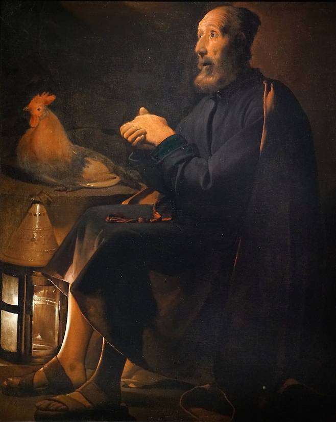 베드로의 회개(1645). 스승을 세 번 모른다 한 베드로가 홀로 나와 눈물 흘리는 밤이다. 등불 하나가 뉘우치는 늙은 얼굴을 비춘다. 라 투르가 제작 연도를 스스로 밝힌 단 두 점 가운데 하나로, 나머지 수십 점은 언제 그렸는지조차 추정에 기댄다. /클리블랜드 미술관