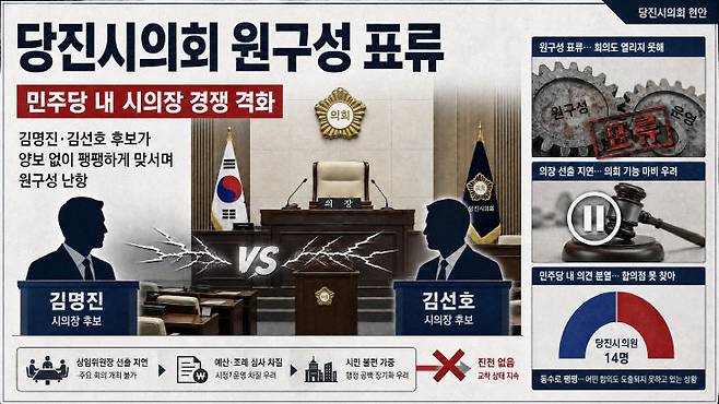 당진시의회가 원구성을 미루며 파행을 이어가 시민들의 분노가 극에 달라호 있다.(사진=젠스파크 제작)