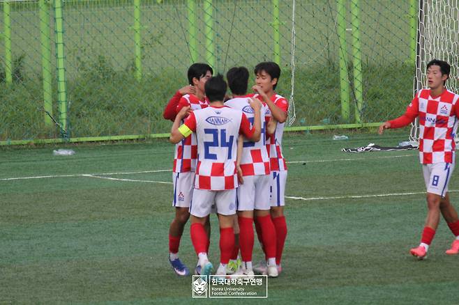 한남대 선수들이 득점 후 기뻐하는 모습. 사진=대학축구연맹