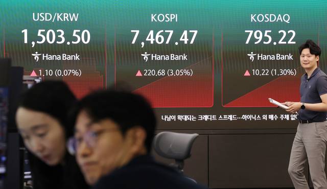 코스피가 이틀 연속 급락을 딛고 반등한 지난 9일 서울 중구 하나은행 본점 딜링룸 현황판에 코스피와 코스닥, 원·달러 환율이 표시되고 있다. 연합뉴스