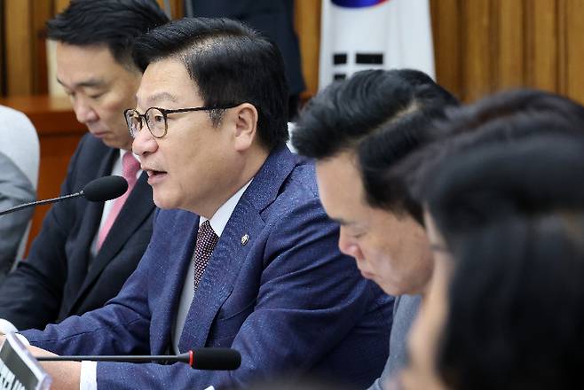 국민의힘 정점식 원내대표가 10일 국회에서 열린 원내대책회의에서 발언하고 있다. 연합뉴스