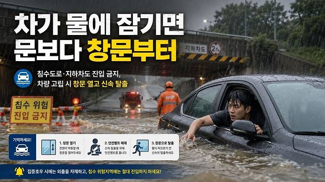 갑작스러운 집중 호우로 차량이 물에 잠기면 수압 때문에 문을 쉽게 열 수 없기 때문에 창문을 먼저 열어야 탈출할 수 있다. 생성형 인공지능으로 제작한 그래픽. 전북도소방본부 제공