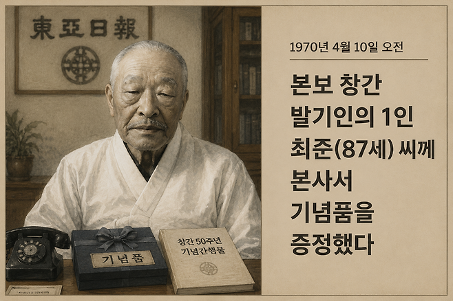 1970년 동아일보 사사를 증정받으며 마지막 공식 행보를 남긴 문파 최준 선생. /김종광 작가가 ChatGPT로 생성한 이미지