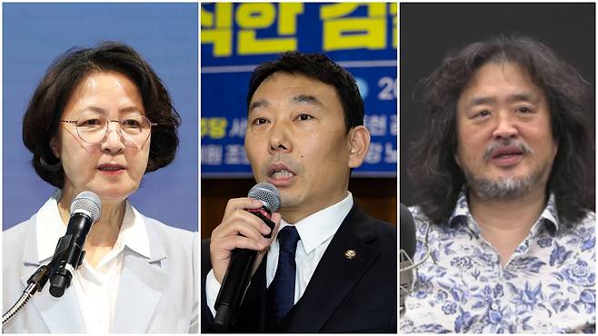 추미애 경기도지사(왼쪽부터), 김용민 더불어민주당 국회의원, 김어준 방송인/ 연합뉴스