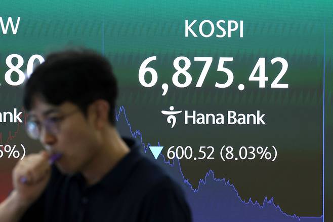 (서울=뉴스1) 이종수 기자 = 코스피지수가 급락하며 서킷 브레이커가 발동된 13일 오후 서울 중구 하나은행 딜링룸 전광판에 코스피 지수가 표시되고 있다. 2026.7.13/뉴스1  Copyright (C) 뉴스1. All rights reserved. 무단 전재 및 재배포,  AI학습 이용 금지. /사진=(서울=뉴스1) 이종수 기자
