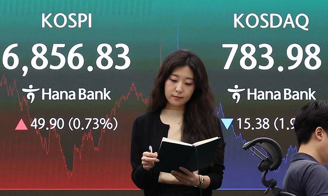 14일 서울 중구 하나은행 본점 딜링룸 전광판에 코스피 종가가 전거래일 대비 49.90p(0.73%) 오른 6856.83을 나타내고 있다.코스닥 지수는 전일 대비 15.38p(1.92%) 내린 783.98에 마감했다. 뉴스1