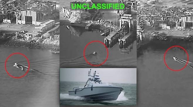 2026년 7월 12일(현지시간) 미 중부사령부(CENTCOM)는 무인수상정 3척이 이란 호르무즈 해협의 전략적 요충지인 반다르아바스 해군기지에 기습 침투했다고 밝혔다. CENTCOM 제공 영상 캡처