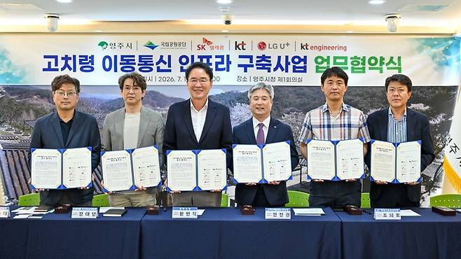 ▲ 영주시는 15일 시청 제1회의실에서 소백산국립공원사무소, 이동통신3사, 케이티엔지니어링과 함께 고치령 이동통신 인프라~구축 본격화(사진 영주시 제공)