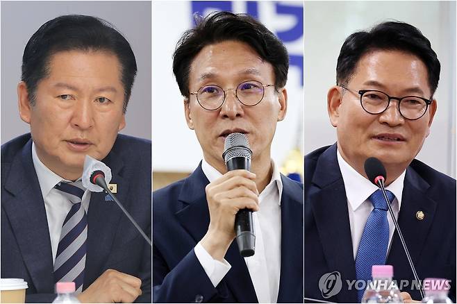 정청래·김민석·송영길 정청래 전 더불어민주당 대표(왼쪽부터), 김민석 전 국무총리, 송영길 전 더불어민주당 대표 [촬영 류영석 정다움 이동해]