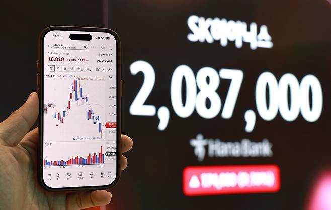 지난 15일 스마트폰 주식거래 앱 화면을 통해 SK하이닉스 단일종목레버리지 상품이 반등하는 모습을 보이고 있다. (사진출처=뉴스1)