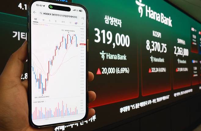 삼성전자와 SK하이닉스가 레버리지 상장지수펀드(ETF)에 출시된 지난 5월 27일 서울 중구 하나은행 딜링룸 현황판에 증시가 표시되고 있다. [뉴스1]
