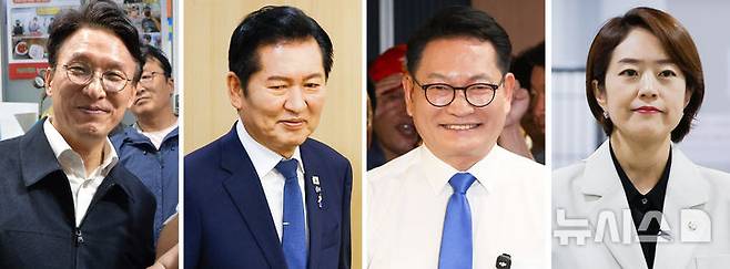 [서울·목포=뉴시스] 정병혁·김근수·박상수 기자 = 더불어민주당 당권주자인 김민석(왼쪽부터) 전 국무총리가 목포에서, 정청래 전 대표가 국회의원회관에서, 송영길 의원이 민주당사에서, 고민정 의원이 국회 소통관에서 각각 일정을 하고 있다. 2026.07.08. photo@newsis.com
