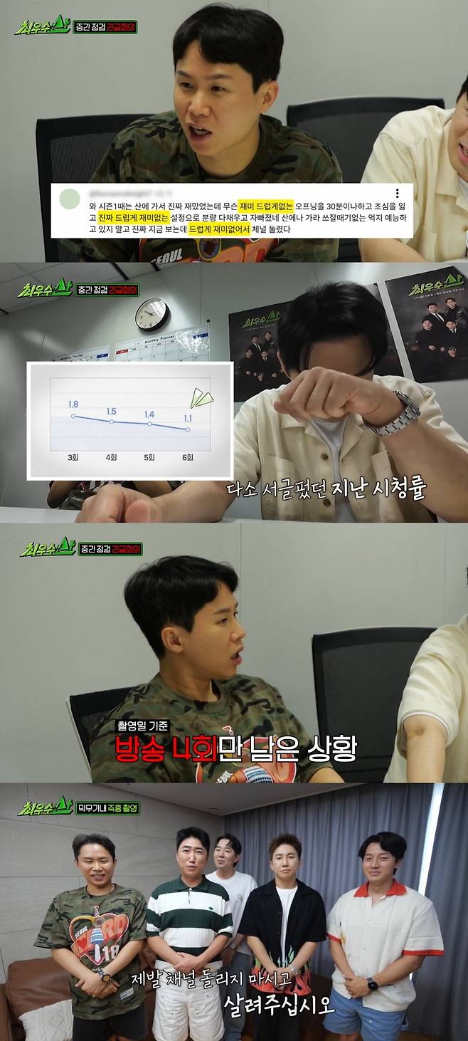 After the cast of the MBC variety show Choi Woo-san recorded low viewership ratings in the 1% range, they held an emergency meeting to apologize to viewers. The cast analyzed the causes of the viewers harsh criticism and the low ratings, and discussed ways to improve the show.On the broadcast, Jang Dong-min and the other members took the situation—with ratings stuck in the 1% range—very seriously and held a strategy meeting. They identified the programs issues by reviewing the per-minute ratings data provided by the production team and analyzing comparisons with competing shows, and they showed a reflective attitude by reading negative comments left by viewers themselves.Heo Kyung-hwan and Yoo Se-yoon analyzed the programs structure and division of roles, pointing out a lack of harmony among the cast and a shortage of bold variety show experiments. The members bowed their heads, offering sincere apologies to viewers and earnestly pleading with them to continue tuning in.However, despite these efforts, the episodes viewership rating stood at 1.2% nationwide, marking a slight decline from the previous week. All eyes are now on what changes the members will demonstrate during the remainder of the shows run.
