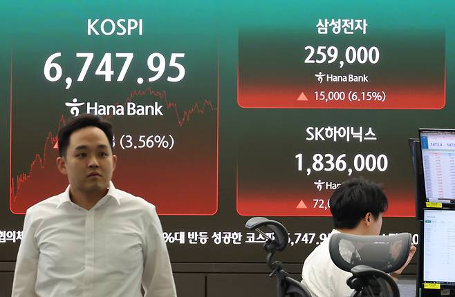 ▲코스피가 반등에 성공하며 6,747.95로 마감한 21일 서울 하나은행 본점 딜링룸에서 직원들이 증시와 환율을 모니터하고 있다. 이날 코스피는 전 거래일 대비 231.68포인트(3.56%) 오른 6,747.95로 거래를 마쳤다. 코스닥 지수도 전장보다 3.70포인트(0.49%) 오른 753.34로 마감했다. [사진=연합뉴스]