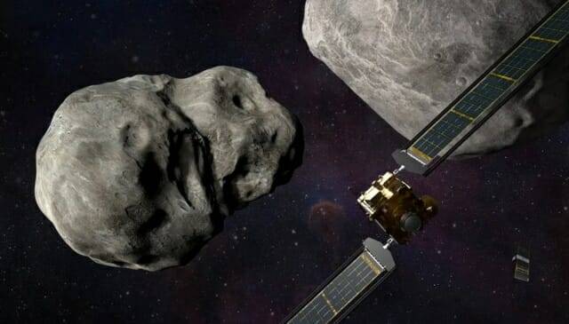 NASA의 이중 소행성 궤도 변경 실험(DART) 탐사선이 목표 소행성계에 접근하는 모습을 묘사한 그림 (출처=NASA/존스 홉킨스 항공우주연구소/스티브 그리벤)