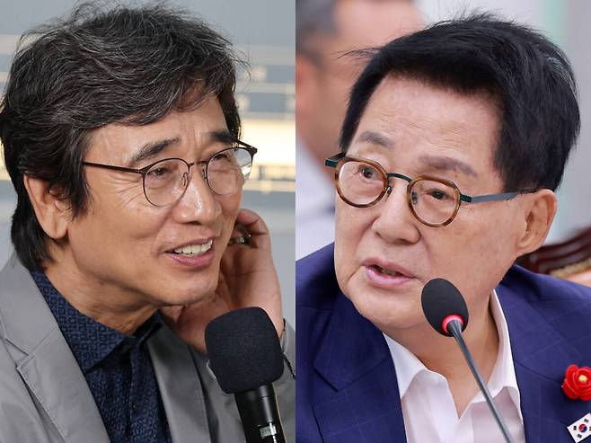 유시민 작가(왼쪽)와 박지원 더불어민주당 의원(오른쪽). 연합뉴스