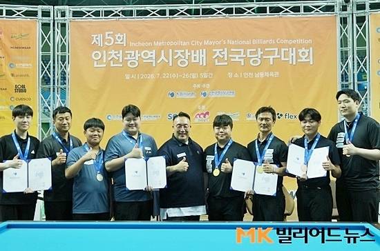 ‘제5회 인천광역시장배 전국당구대회’ 3쿠션 복식 입상자들이 대회 관계자와 기념촬영하고 있다. (왼쪽부터) 공동3위 정민교-홍진표, 준우승 김현우-손준혁, 인천당구연맹 이혁재 회장, 우승 조명우-조지언, 공동3위 김회승-박형빈.