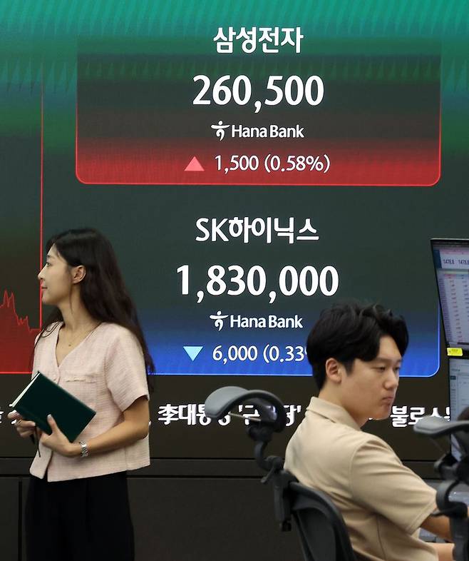 삼성전자가 종가 기준 1500원(0.58%) 상승한 26만500원, SK하이닉스는 6000원(0.33%) 하락한 183만원에 거래를 마감한 22일 서울 중구 하나은행 본점 딜링룸 전광판에서 마감시황이 표시되고 있다. 2026.07.22. /사진=뉴시스