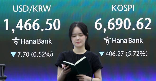 코스피 지수가 하루 만에 7000선을 반납한 24일 서울 중구 하나은행 본점 딜링룸 전광판에 종가가 나오고 있다. /사진=뉴스1