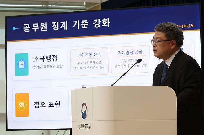 공무원 징계 기준 강화 브리핑 - 천지윤 인사혁신처 윤리복무국장이 23일 세종시 정부세종청사에서 이날부터 입법예고를 하는 공무원 징계령 시행규칙 개정안에 대해 브리핑하고 있다. 연합뉴스
