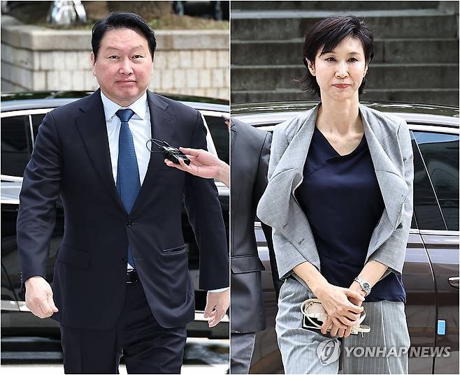 법원 "최태원, 노소영에 재산분할금 9천440억원 지급" 최태원 SK그룹 회장(왼쪽)과 노소영 아트센터 나비 관장 [연합뉴스 자료사진]
