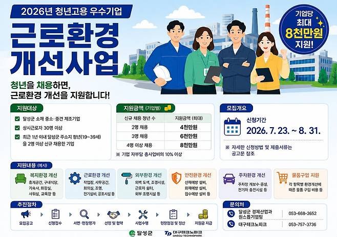 달성군이 대구에서 처음으로 시행하는 '2026 청년고용 우수기업 근로환경 개선사업’ 홍보 포스터